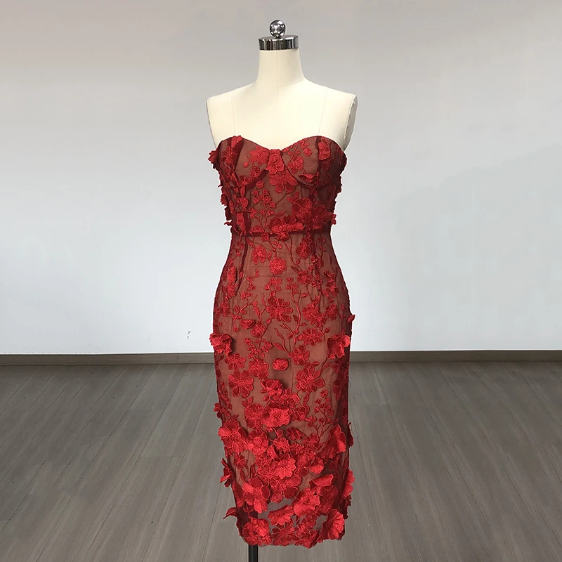 

Real Photos Women Red Mesh Embroidery Flowers Strapless Knee Length Slim Celebrity Evening Club Party Gowns Korean Gala Dresses