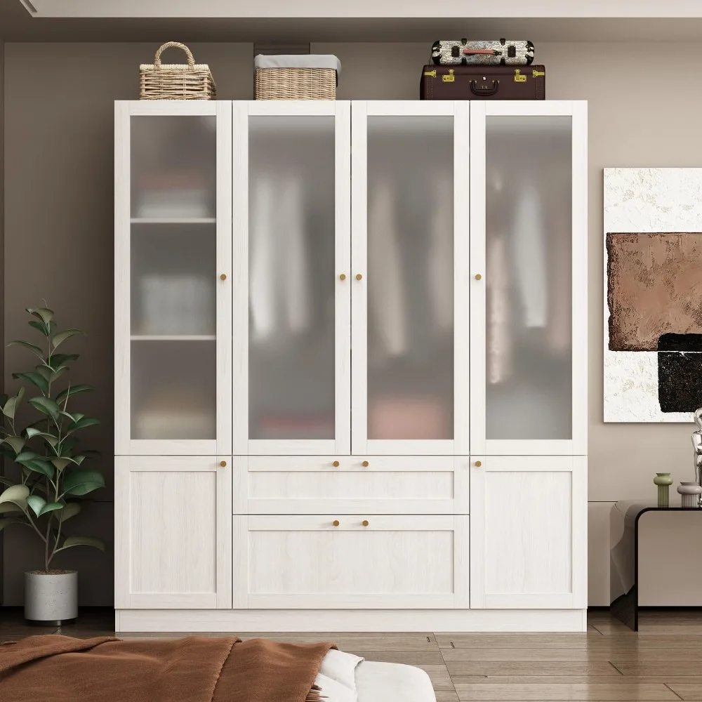 

Large Wardrobe Cabinet, Wooden Armoire Closet with Frosted Glass Doors, Bedroom Wardrobe with 2 Drawer & Hanging Rod