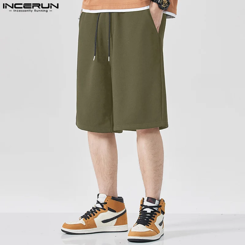 INCERUN 2024 American Style Men Shorts Casual Elastic Waist Design Shorts Fashionable Straight Tube Solid All-match Shorts S-5XL