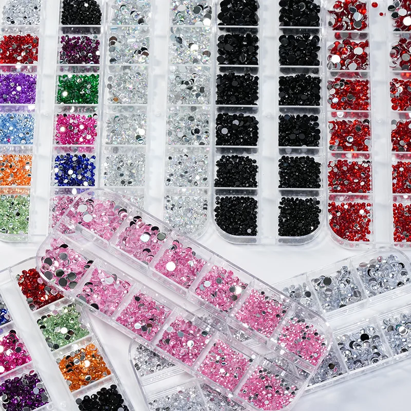 Nail Art Jewelry 12 Grid Acrylic Rhinestone Silver Bottom Transparent White Size Mixed Flat Bottom Diamond AB Color Nail Diamond