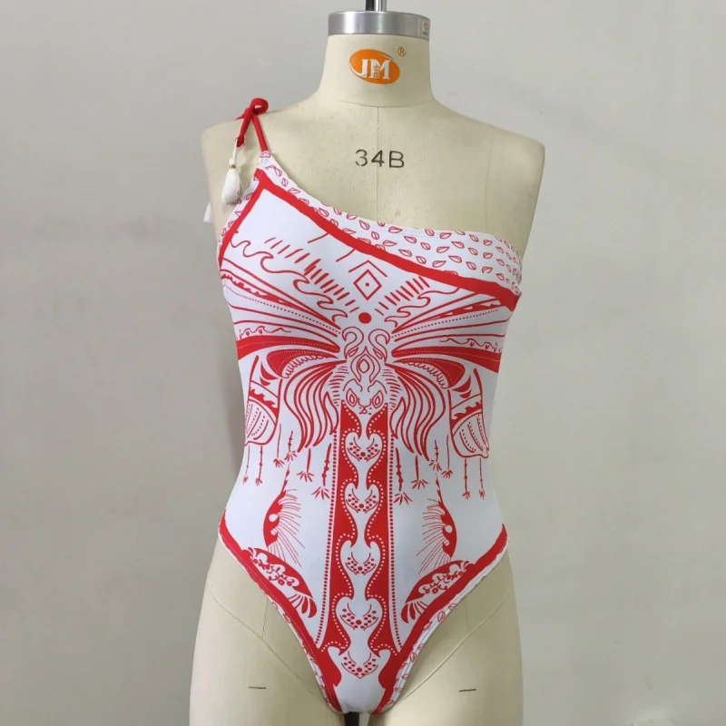 

2026New one-piece swimsuit for women, one-shoulder ethnic style printed tie-up beach conservative swimwear