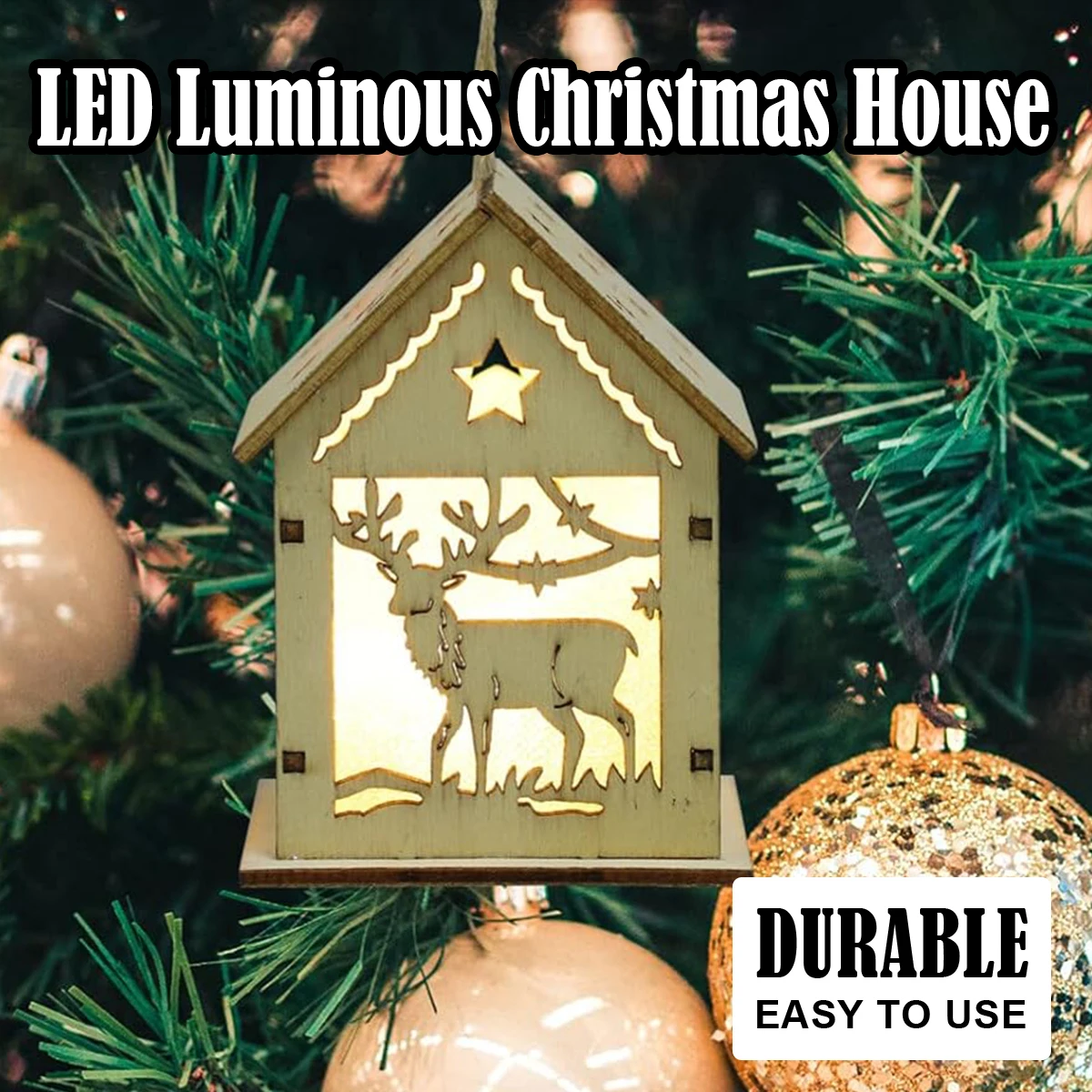 Wooden House Shape LED Light Battery Multicolor Oprated Home Decorations Decor For Christmas Tree Table Ornaments Hanging Lights