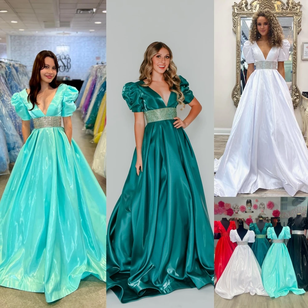 Shimmer Satin Formal Evening Dress 2k24 Puff Sleeve V-Neck Lady Pageant Prom Cocktail Party Gown Saudi Arabia Red Carpet Runway