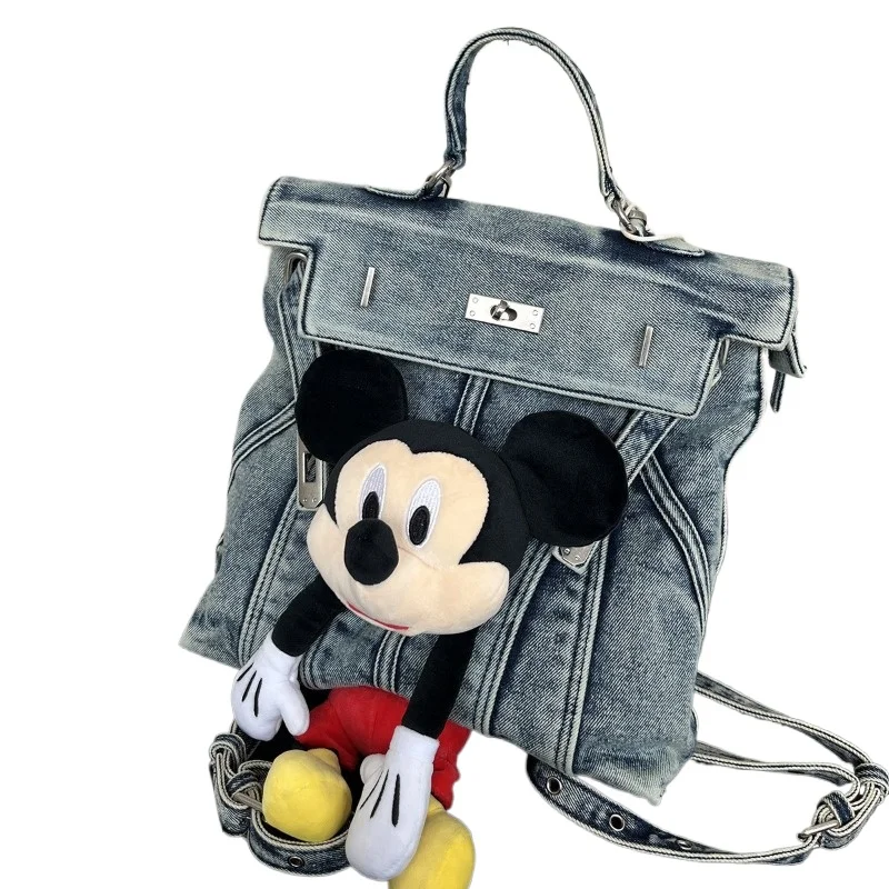 

Женский рюкзак с Микки Маусом Disney, джинсовый винтажный прочный рюкзак в стиле ретро с героями мультфильмов, повседневная рабочая сумка для поездок на работу