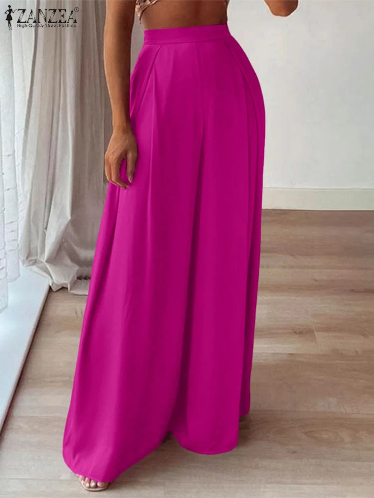 

2025 ZANZEA Fashion Women High Waist Trousers Summer Wide Leg Pants Stylish Work OL Pleated Pantalon Female Solid Long Palazzo
