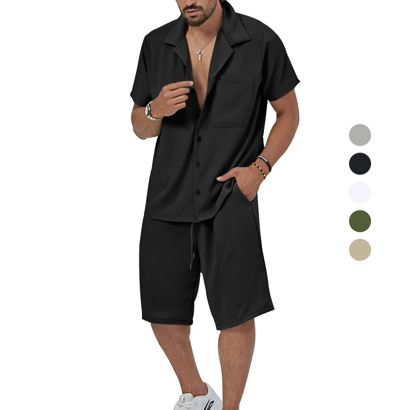 Men\'s Summer Casual Short Sleeved Shorts Simple Family Set Shirt Outdoor 2-Piece Breathable Beach Set