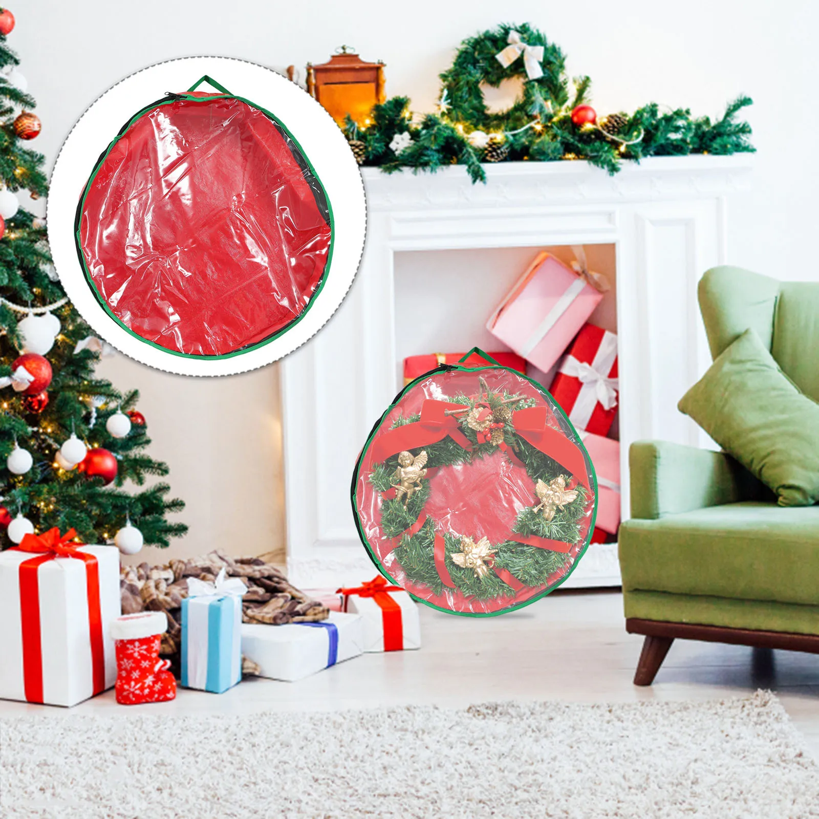 1 قطعة حقيبة تخزين إكليل مستديرة مع نافذة واضحة قماش مقاوم للماء عالي الجودة لعيد الميلاد جارلاند ديكور عطلة هدية قابلة للطي