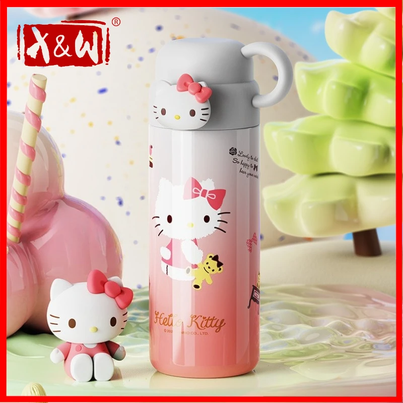 X&W 460ML Sanrio Series Thermos Cup 316 Stainless Steel Insulated Cup with Teacup Lid Pop Up Design Water Bottle Outdoor Use