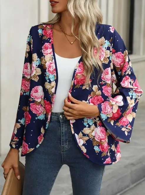 ฤดูใบไม้ร่วงใหม่แขนยาวพิมพ์ลายดอกไม้บางเสื้อสเวตเตอร์ถักสําหรับผู้หญิง,Elegant และหลวมดอกไม้ Flared Sleeve เสื้อสเวตเตอร์ถัก