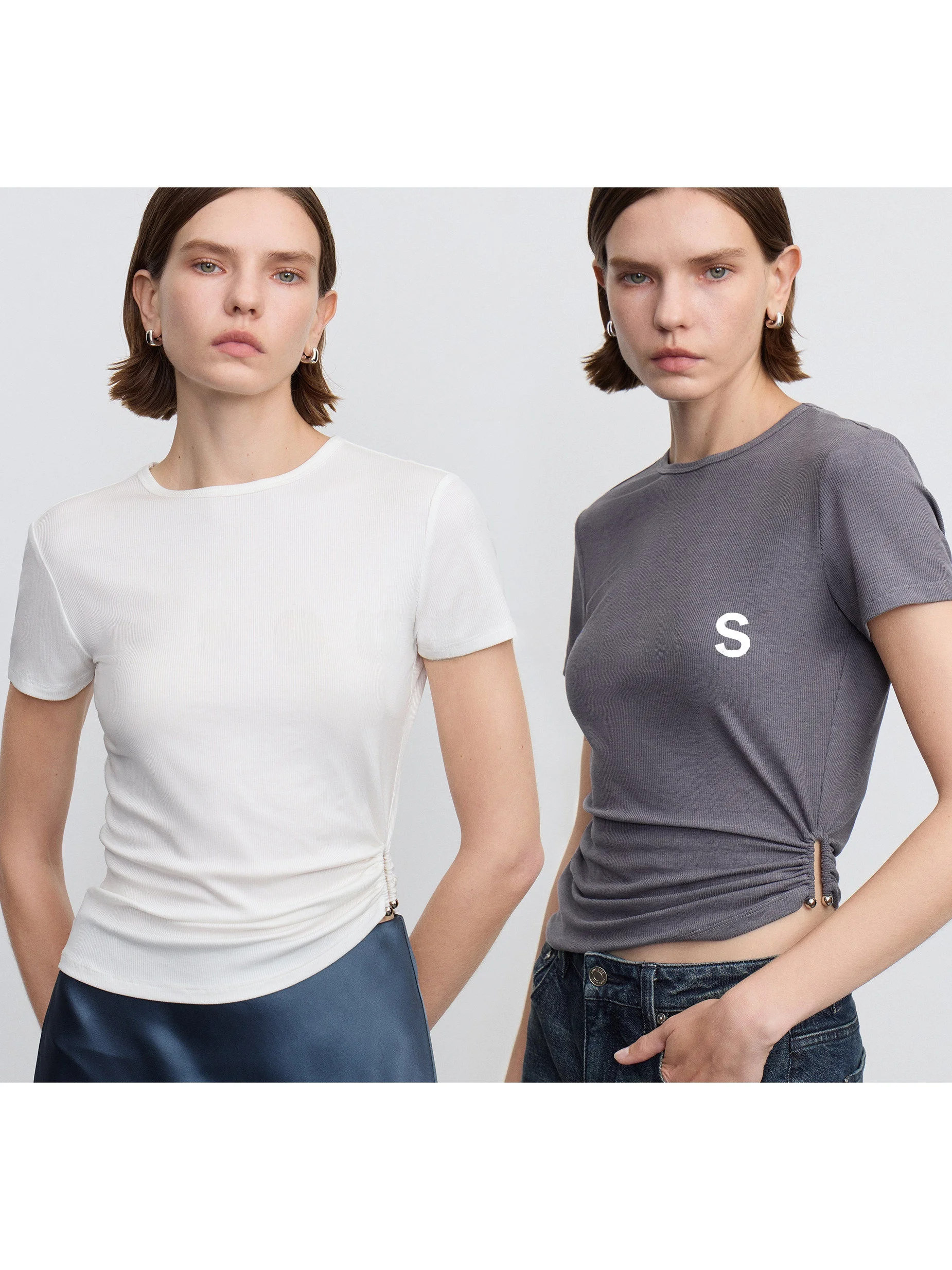 

Soulkiss Handmade Short Sleeve T-Shirt Silk Acetate Metal Buckle Waistband Ladies Casual Style Spring Fashion Ladies Top