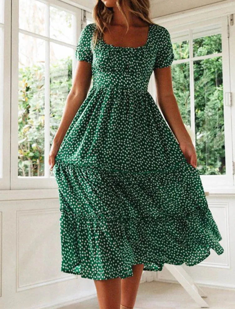 Vintage Vintage imprimé manches bouffantes été plage robes douces décontracté col carré floral maxi longue robe