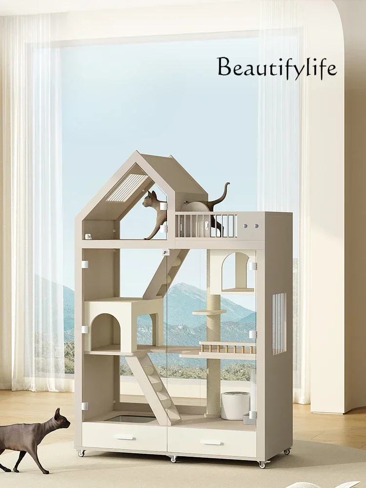 M182 Cat Villa Solid Wood Cage Panoramic Glass Cat Cabinet Home Cat Room with Drawer Small Balcony