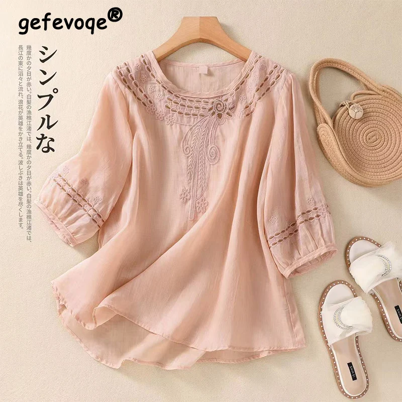 2024 Summer Literary Vintage Embroidery Hollow Out Shirt Ladies Loose Casual Fashion Pullover Top Women Solid Color Blouse Femm