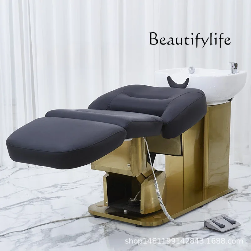 Barber Shop Lying Half Ceramic Deep Basin Rotating Flush Electric Lifting for Hair Salon Shampoo Chair