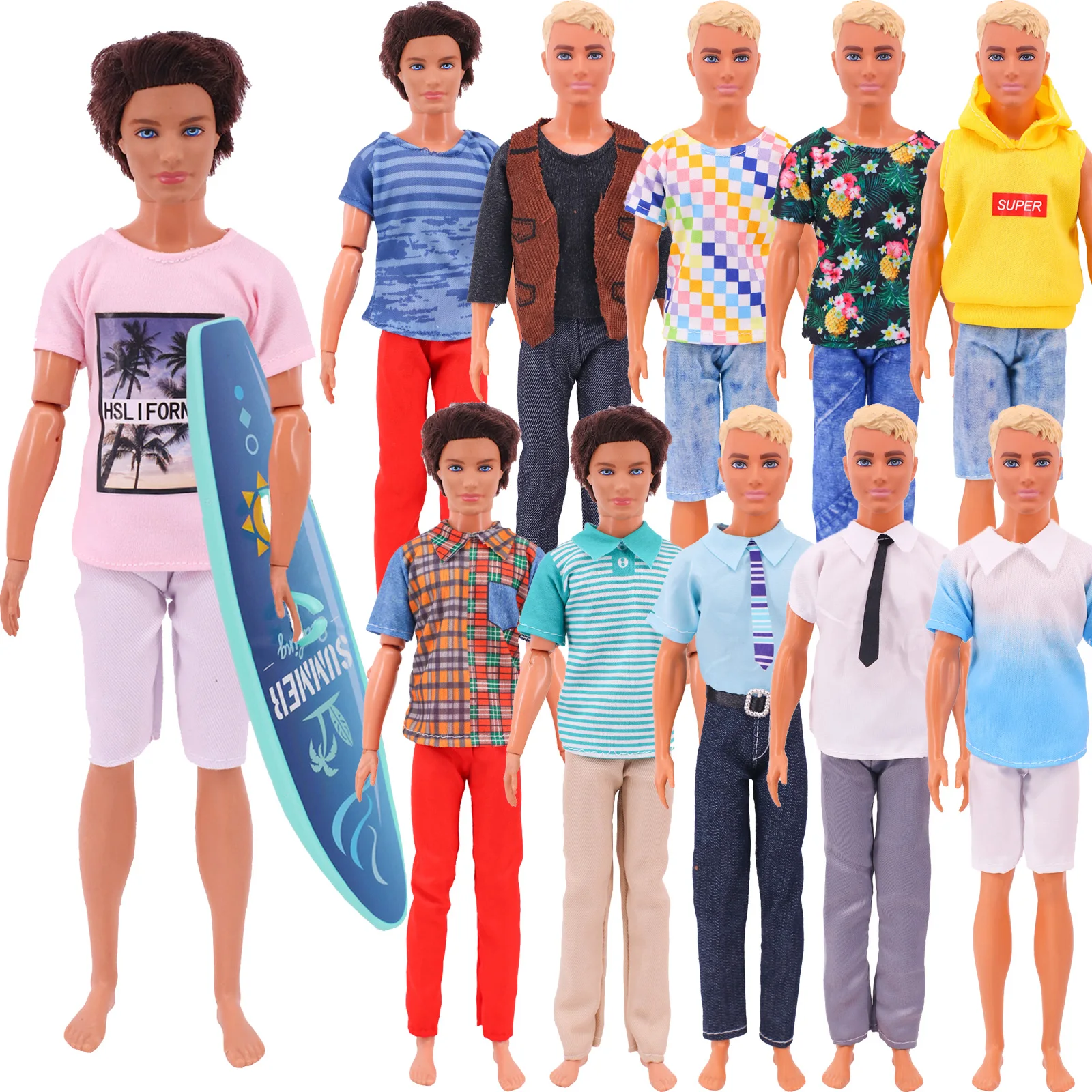 Ken Doll Clothes+Surfboard Casual Outfit Fit For Barbies Prince Ken Boy Doll Clothes Children's Holiday Gift Babies Accessories