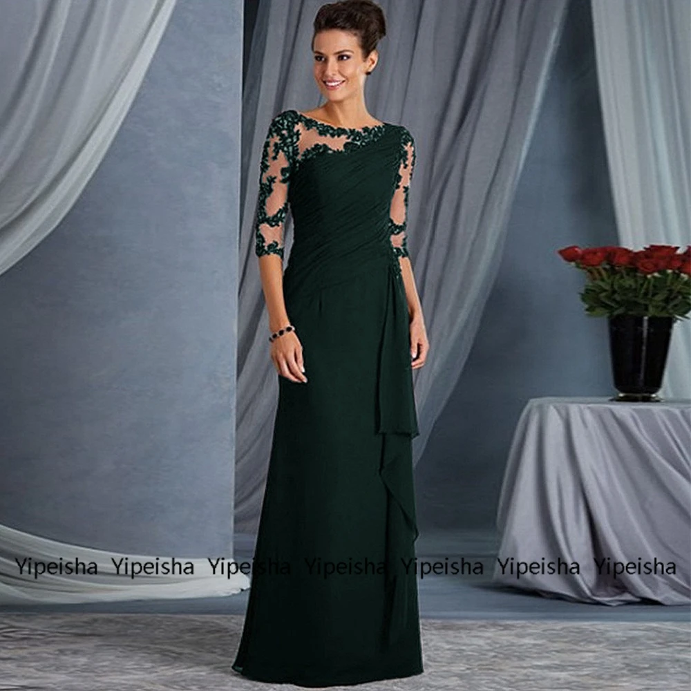 

Scoop Three Quarter Mother Of Bride Dresses Ink Green Women Dress for Party 2022 Lace Chiffon Formal Mère Formelle Robes