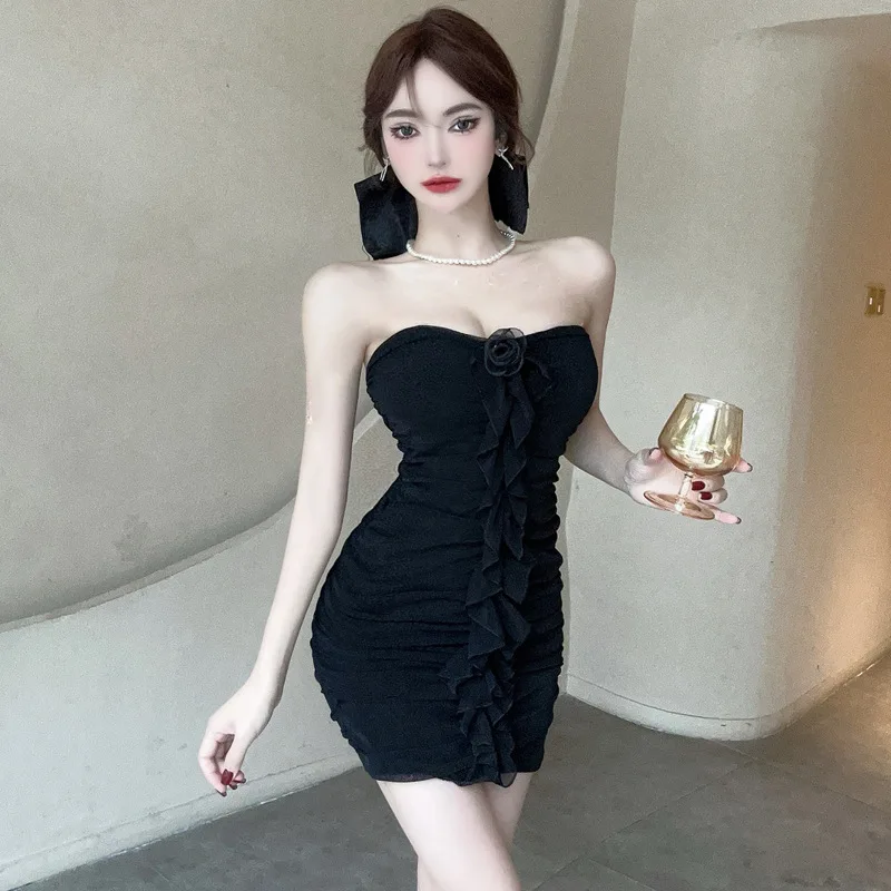 European and American Sexy Hot Girl Tube Top Tassel Tight Pleated Gauzy Package Hip Dress