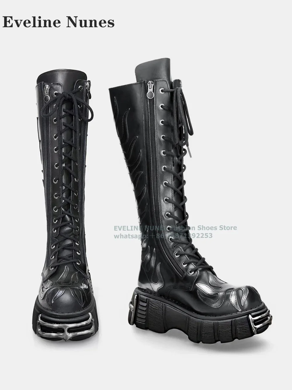 

Metal Flame Embroidered Knight Boots 2024 Newest Round Toe Tank Soled Zipper Closure Cross Tied Punk Dark Cool Knee High Boot