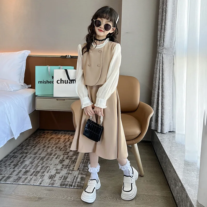 

autumn new teenage girls dress Korean Spliced long sleeved kids dresses Fashionable lotus collar childrens clothing