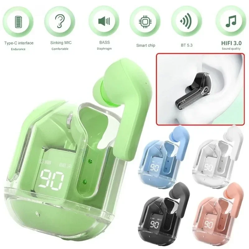 NEW T2 Tws Wireless Bluetooth Headset Transparent ENC Power Digital Display Stereo Sound Earphones for All Smartphones