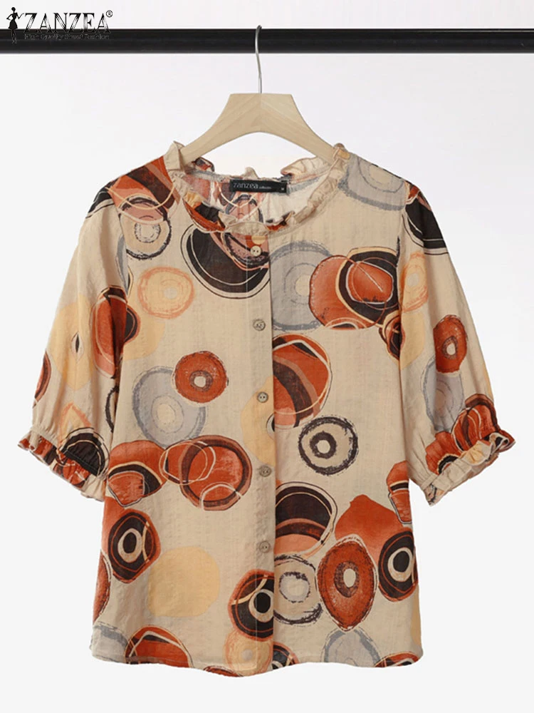 

ZANZEA Ruffled Trim Abstract Printing Blouses Half Sleeve Vintage Round Neck Cotton Blend Blusas de Mujer Women Summer Tops