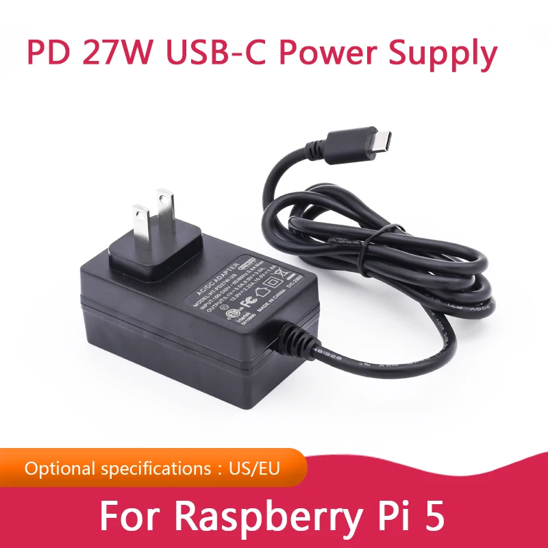 

Raspberry Pi 5 PD 27W USB-C Power Supply Optional Specification US EU