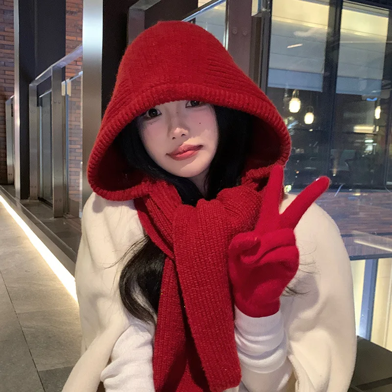 Women's Red Balaclava Knitted Hat Scarf, Winter Warm Crochet Hood Neck Warmer