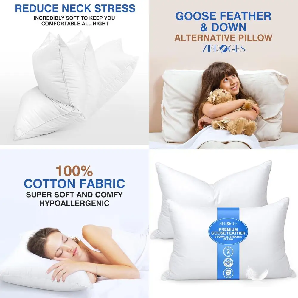 

Комплект подушек Queen Size с гусиным пухом - 2 штуки, мягкие и жесткие варианты, гипоаллергенные, идеально подходят для сна на боку