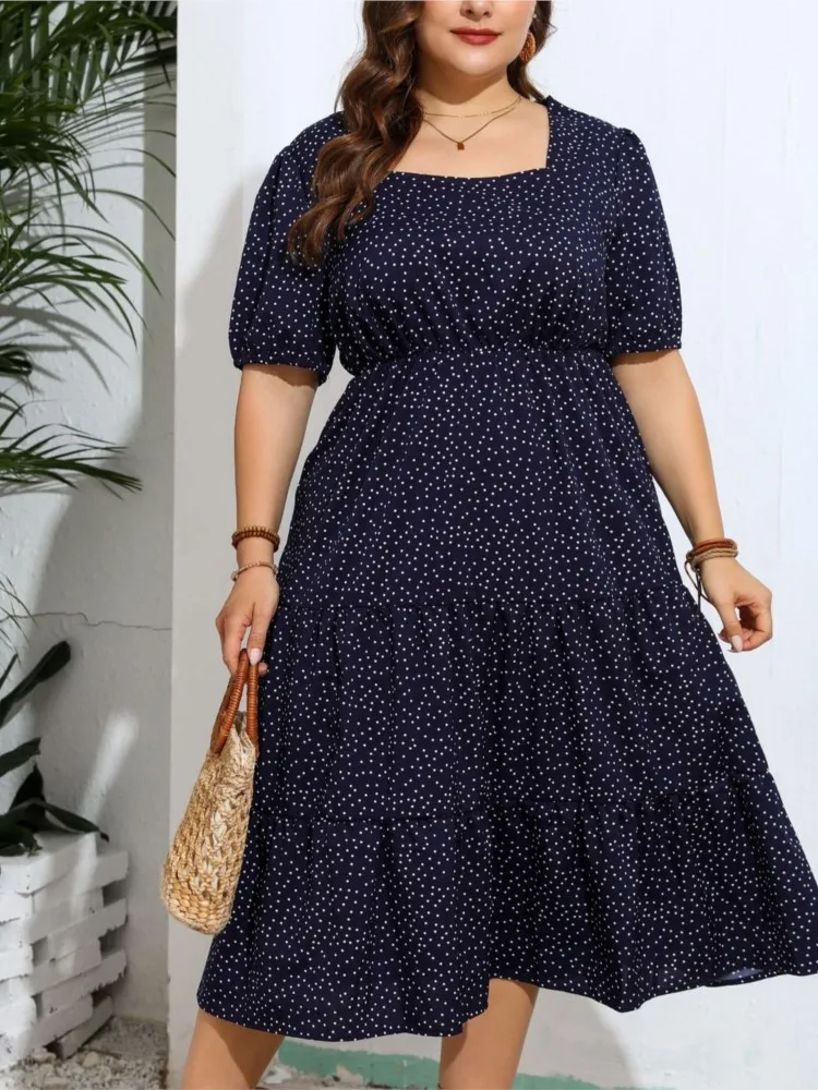 Plus Size Summer Midi Dress Women Polka Dot Print Fashion Ruffle Ladies Dresses Loose Pleated Casual Woman Square Collar Dress