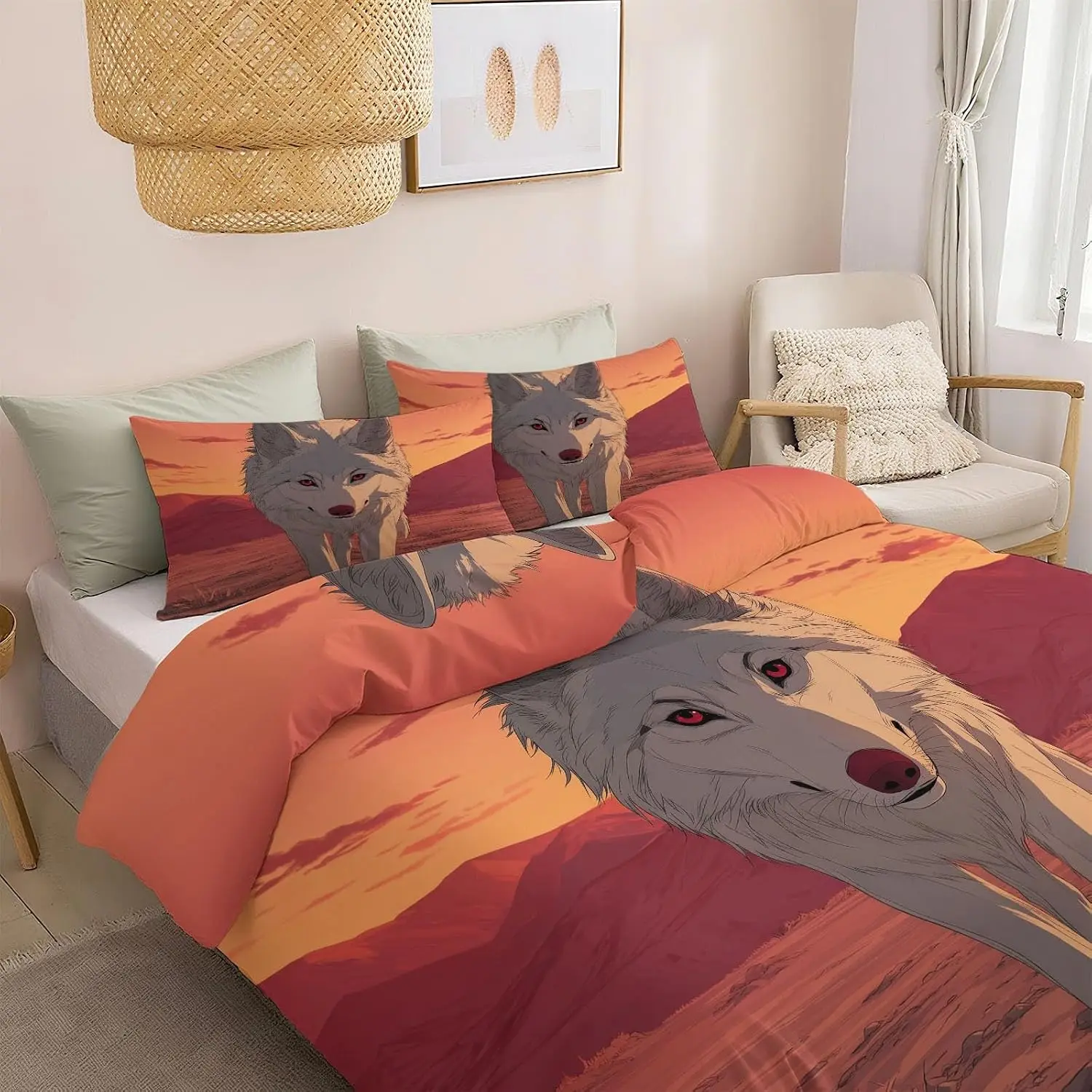 Cool Anime Wolf Sunset Duvet Cover Single Size 135x200cm With 1 Pillowcase Orange Bedding Set For Teenager Boy