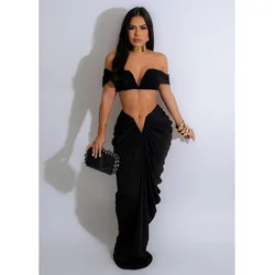 New Fashion Women's Pleated Set Summer Strapless Top And Slim-Fit Maxi Dress Suit Solid Color Ladies Two-Piece Outfits