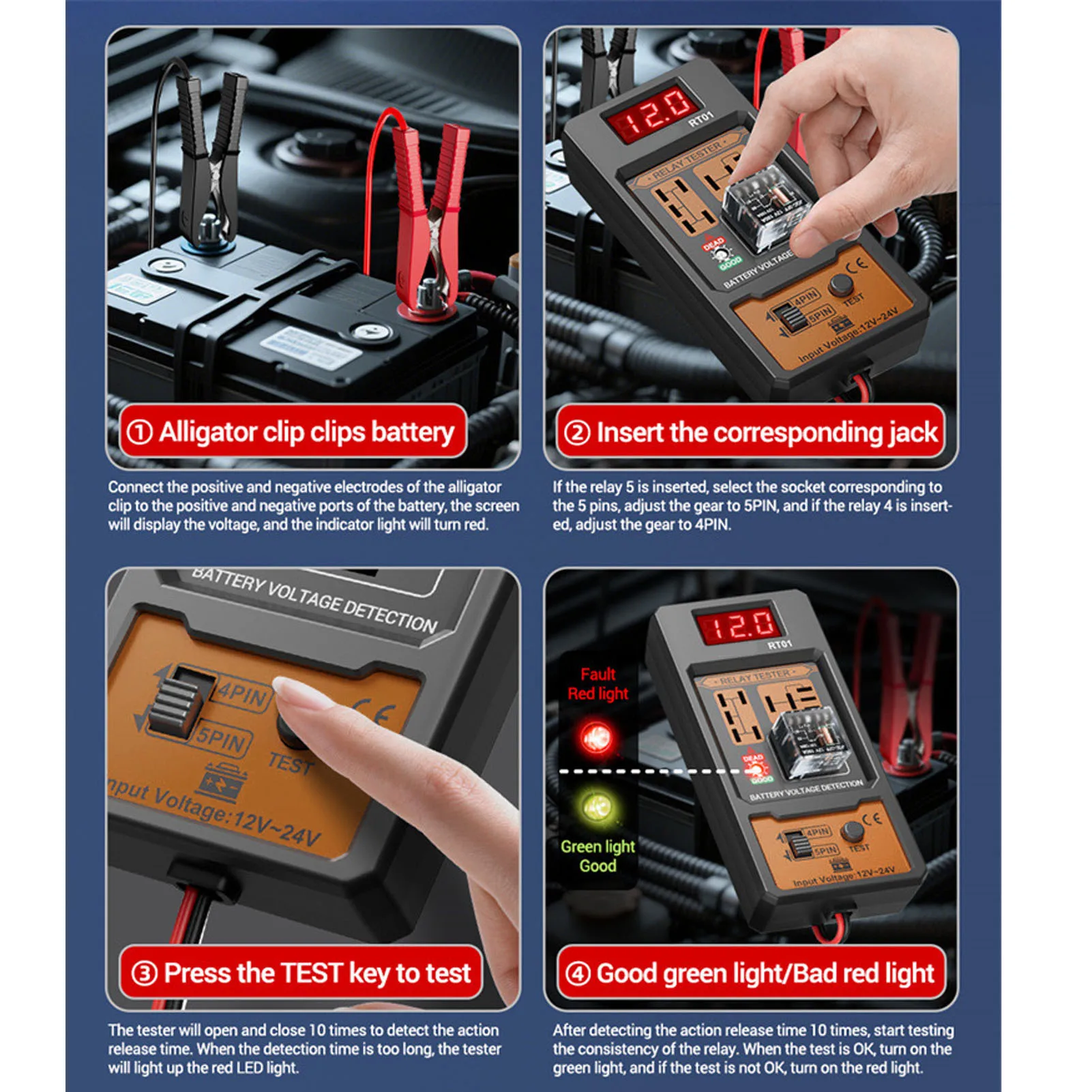 RT01 Battery Voltage Detector Car Tester Diagnostic 11-25V Voltage Aermotor Repair 4/5 Foot Socket Relay Analysis Test Tool