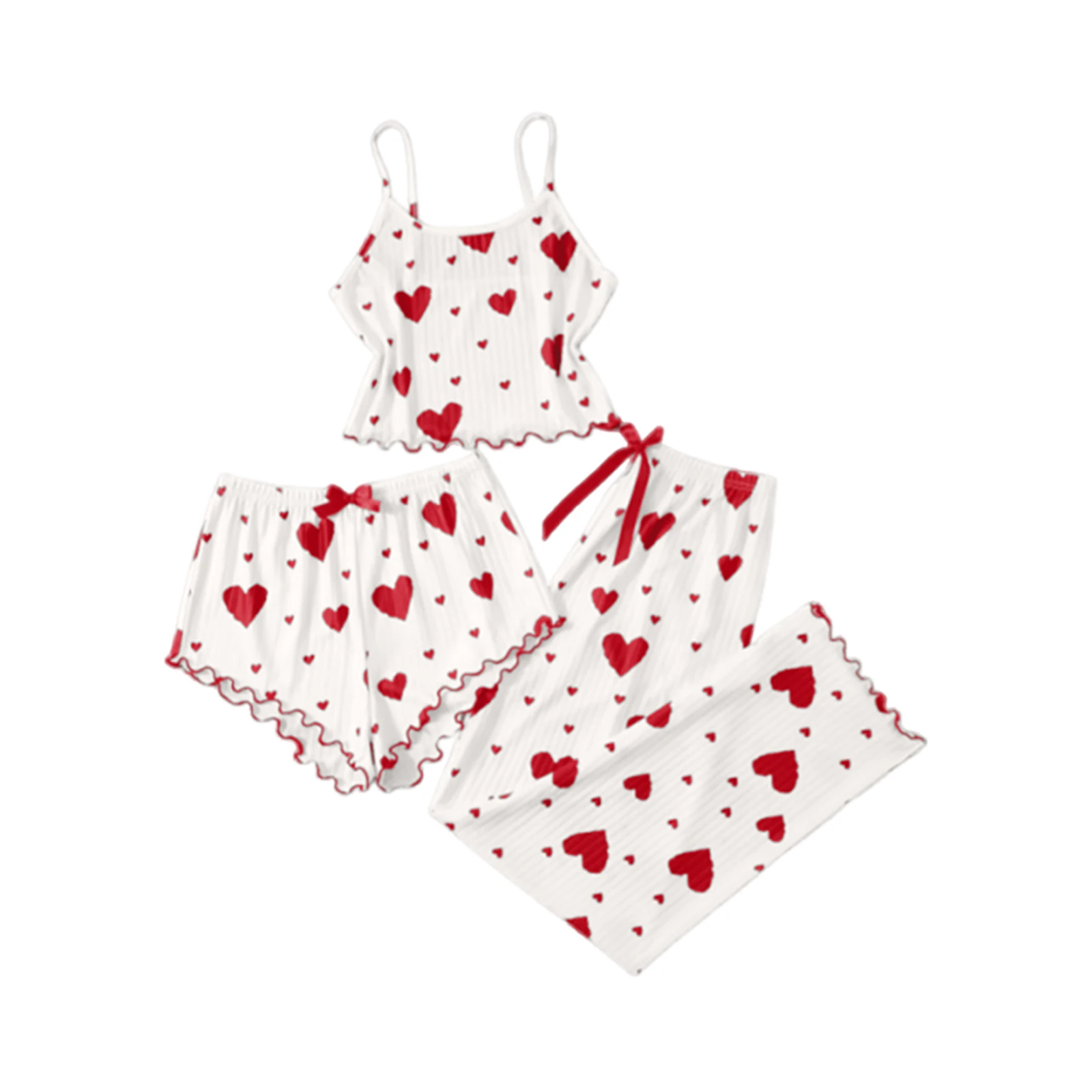 

Lady Sweet Camisole Sleepwear Heart Printed Short And Long Pants Three Piece Set Home Suit Set Comfortable Thin Strap Nightgown