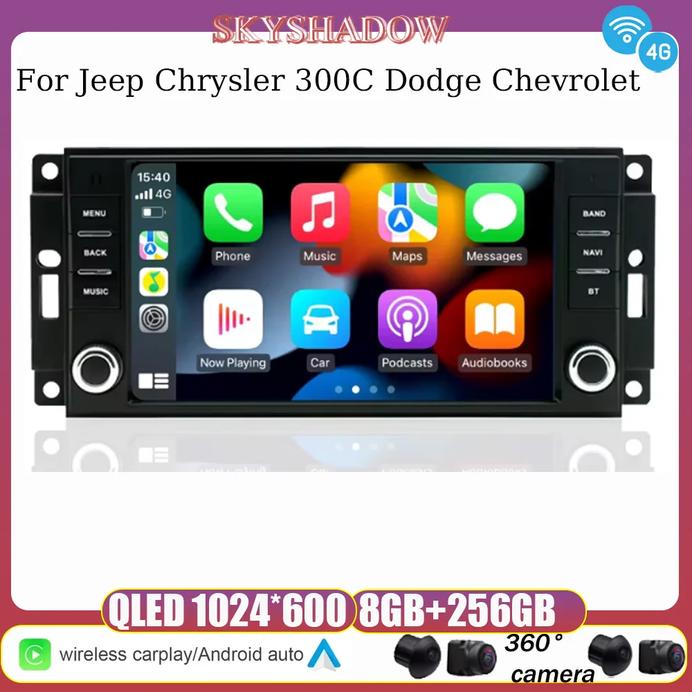 Android 14 Carplay For Jeep Chrysler 300C Dodge Chevrolet 4G WIFI GPS Car Radio Navigation Multimedia Video Player NO 2DIN DVD