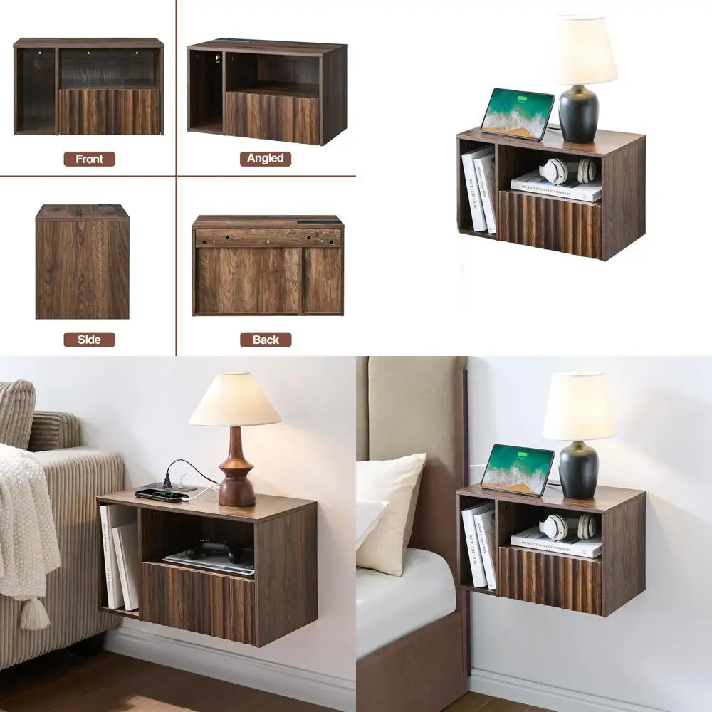 

Contemporary Walnut Fluted Nightstand with Charging Dock, Drawer Storage, USB & Outlets, Left-Sided Bedroom Decor