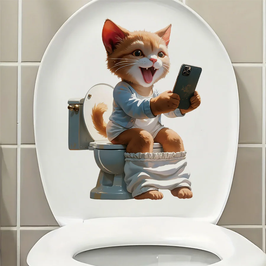 1pc Funny Cat Selfie Toilet Sticker, Cute Cartoon Cat Bathroom Wall Decal, Kids Room Decor, Removable Vinyl Decal for Bedroom