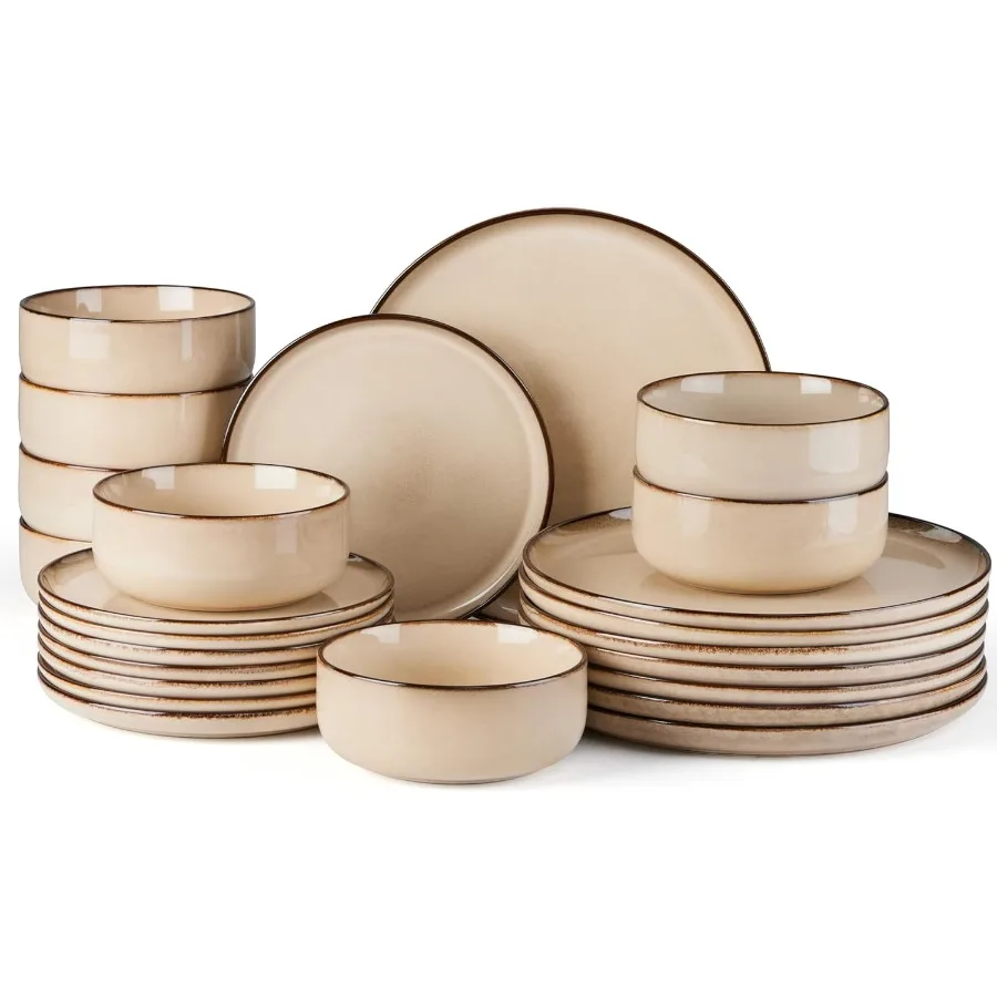 24Piece Plates and Bowls Set Stoneware Dinnerware Sets for 8 Reactive Glaze Ceramic Dinning Ware Dishes Microwave and Dishwashe