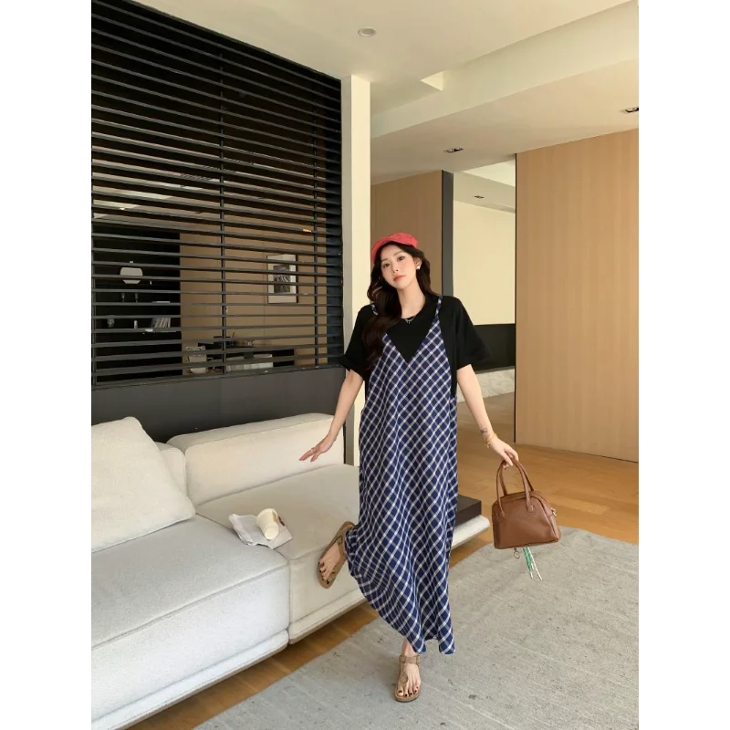 Women's New Loose Slimming Over-the-knee T-shirt Design Plaid Splicing Dress