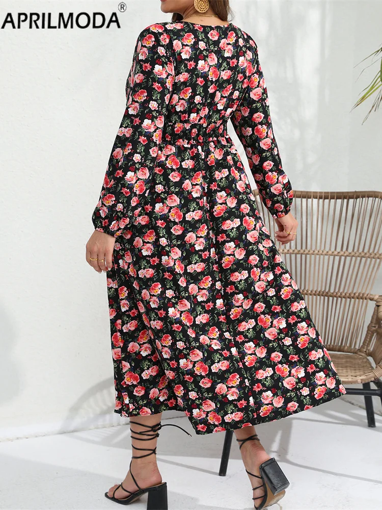 2024 Flower Print Midi Long Party Dress Full Sleeve Oversized Sundress A Line Retro Vintage Holiday Tunic Swing Dresses 4xl 5xl