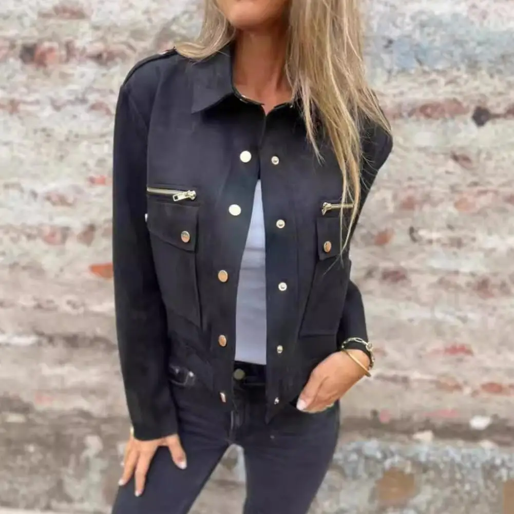 Chic Faux Buckskin Jacket For Women Elegant Lapel Long Sleeve Single Breasted Pockets Coats Lady Suede Leather Jacket Outwear