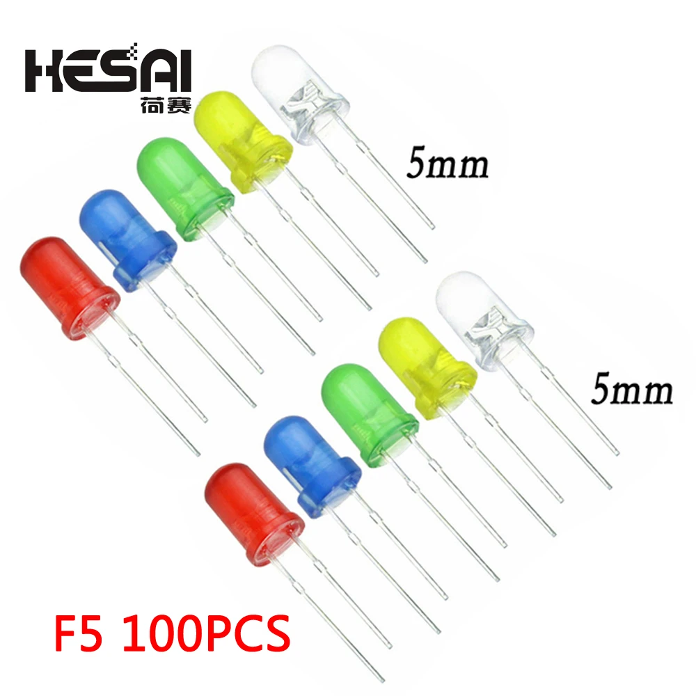 100 sztuk/partia 5 kolorów F5 5MM okrągły zestaw asortymentowy LED Ultra jasne rozproszone zielone/żółte/niebieskie/białe/czerwone diody elektroluminescencyjne