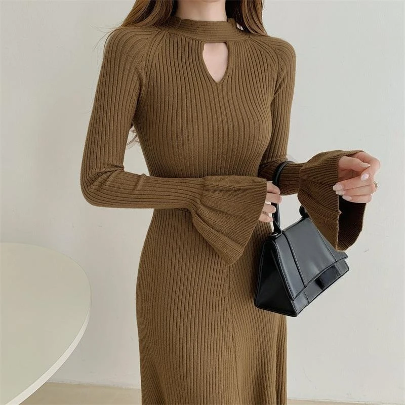 

Temperament Flared Sleeve V-neck Knitted Dress Autumn and Winter Women's Clothing Niche Design Feeling Waist and Thin Long Dress