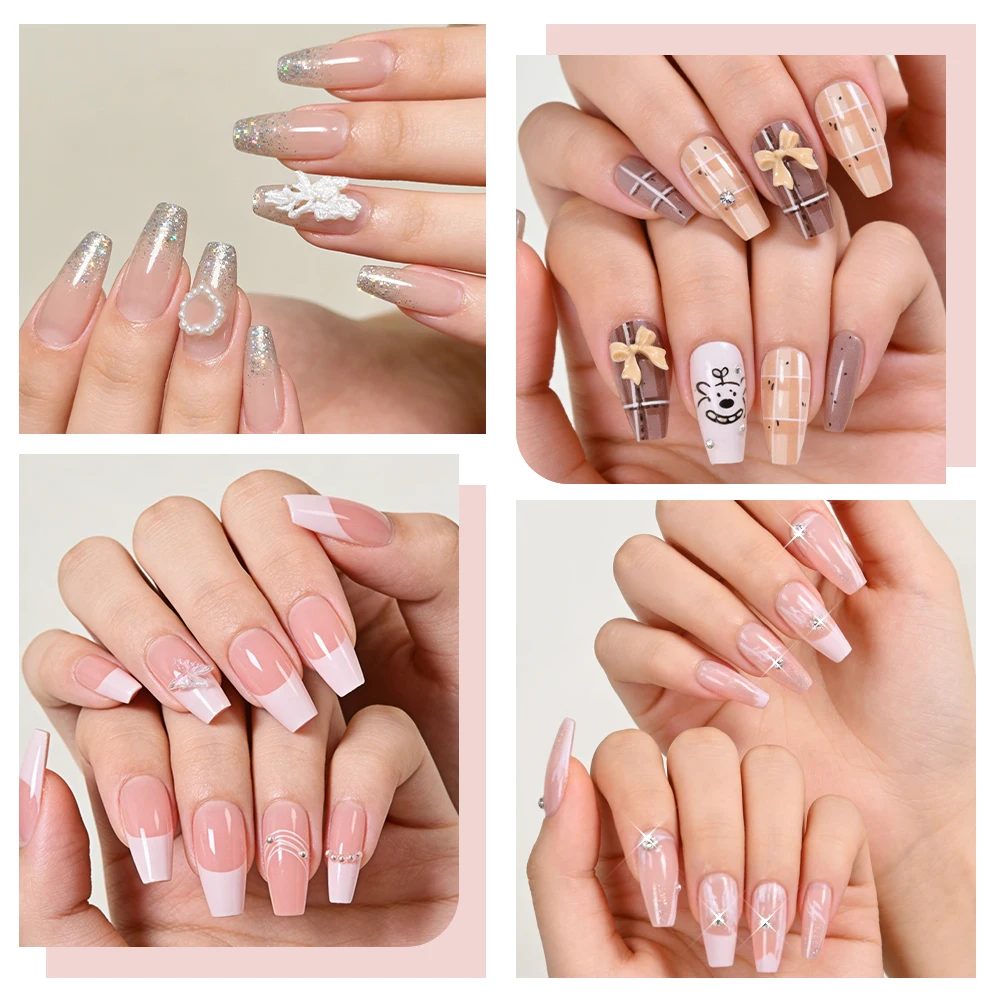 

120 шт. средних квадратных накладных ногтей с бабочками, нежно-розовые, с фруктами и мишками, для женщин и девушек, для свиданий, повседневного образа, маникюра # ^