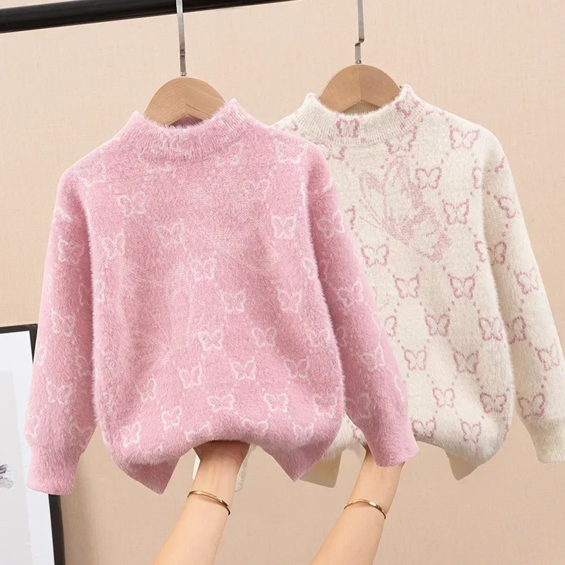 

Childrens Autumn Winter Fluff Warm Pullover Sweaters Gilrs Cartoon Butterfly Cute All-Match Shirts Girls Thickend Knitwear 3-14T