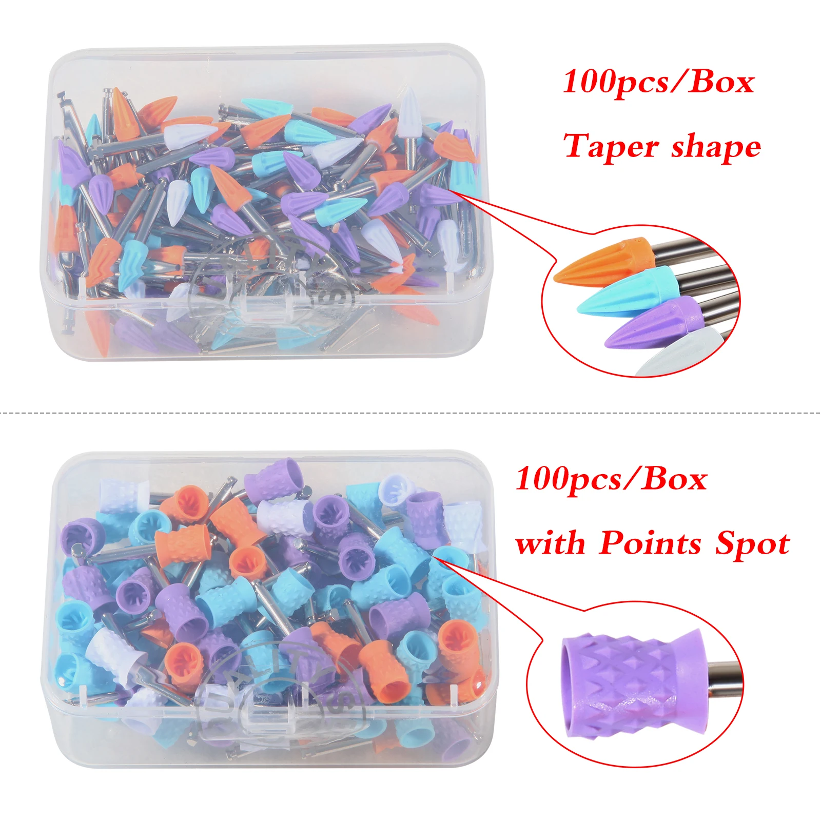 100Pcs/box Dental Prophy Disposable Tooth Polishing Cup Rubber With Point Spot /Tapered Shape Latch Type Mixed Colorful