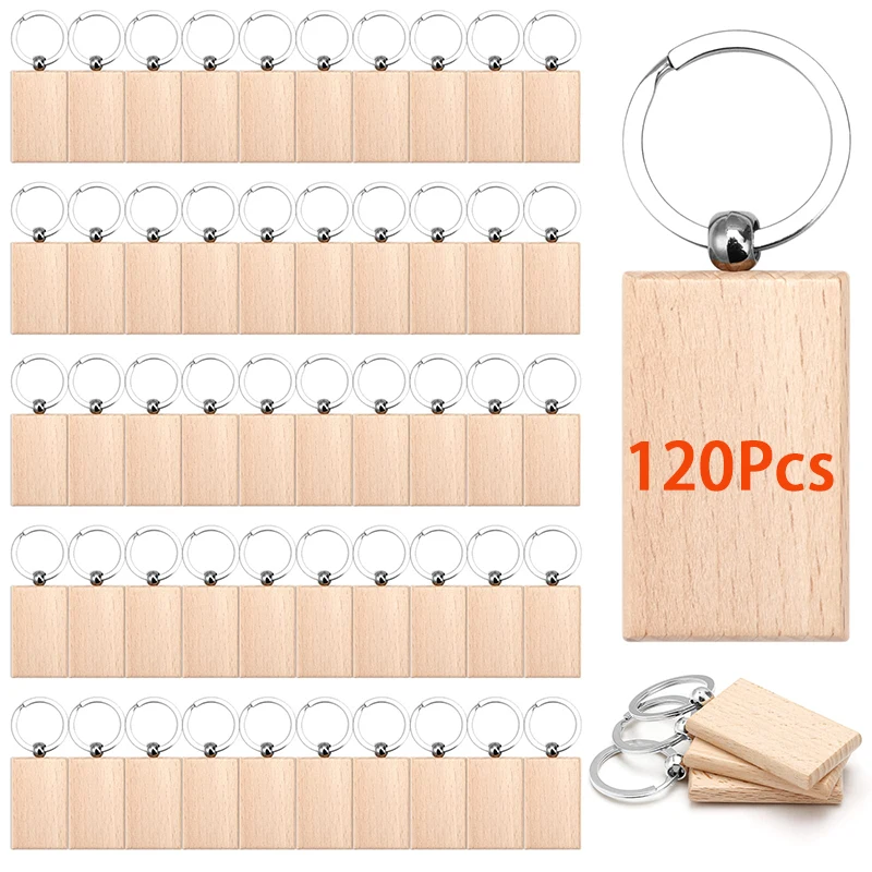 

120Pcs Blanks Rectangle Wooden Keychain Unfinished Keychain Key Rings for DIY Crafts Gift Accessories