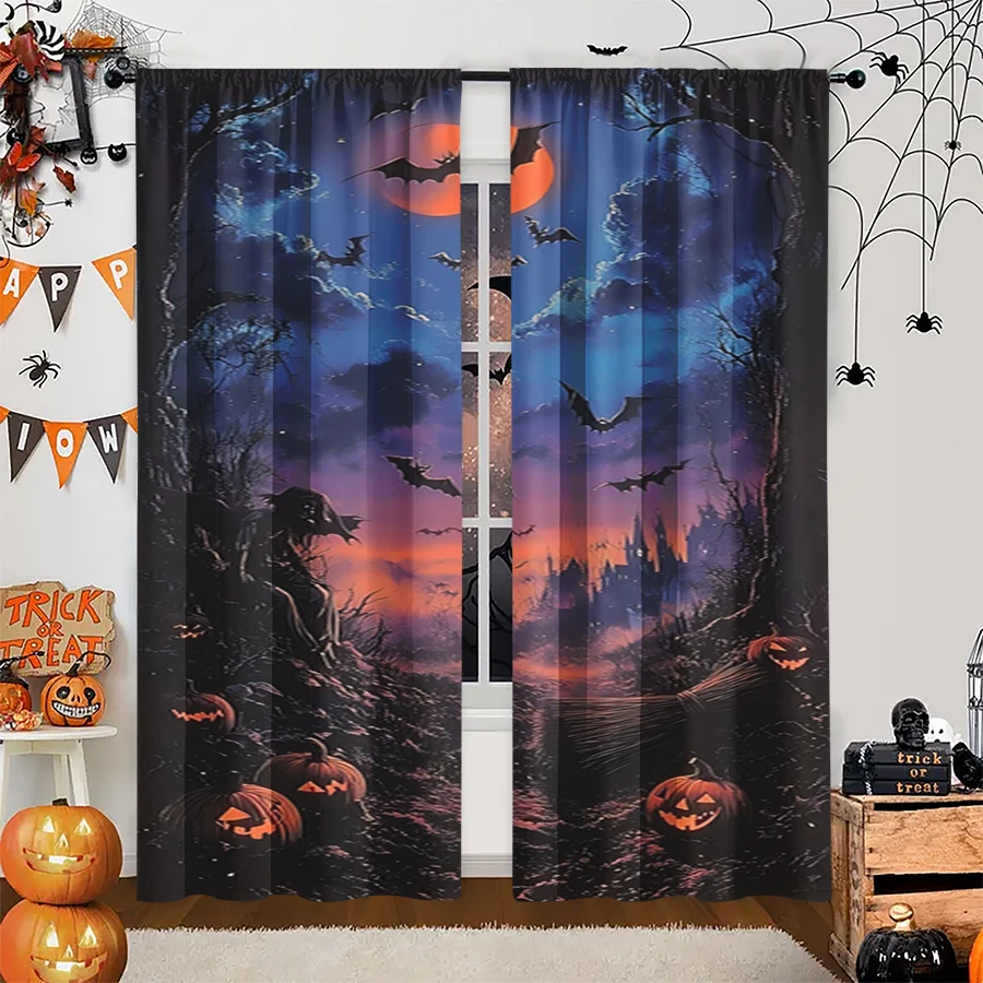 2PCS Digital Print Curtain, Halloween Graveyard Pumpkins Moon Bats, Spooky Cemetery Night Style for Living Room Bedroom Decor
