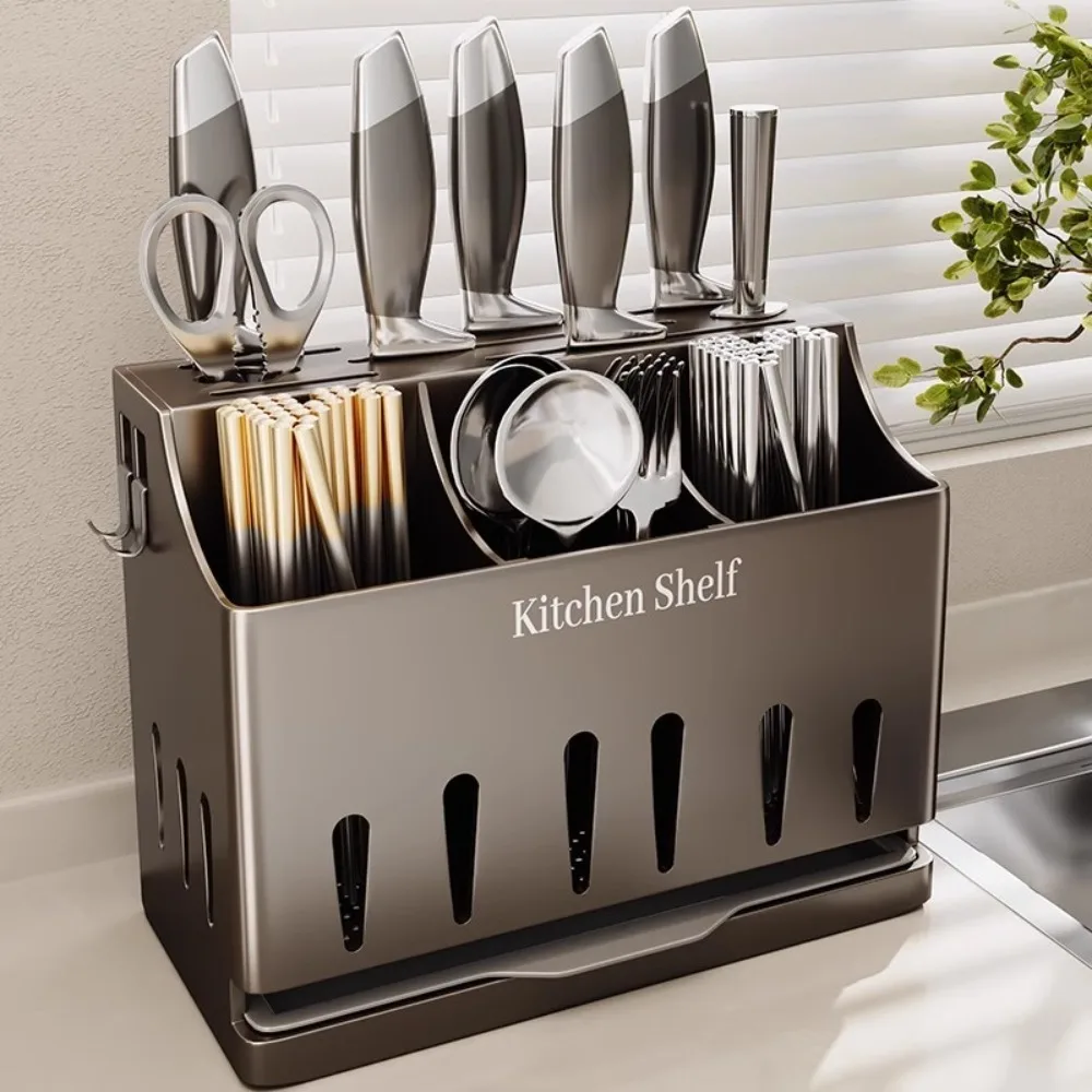 

With Drain Tray Cutlery Holder Stainless Steel Integrated Chopstick Cage Large Capacity Hangable Cutter Storage Rack Home