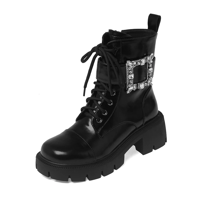 

British Style Rhinestone Belt Buckle Motorcycle Boots New Platform Block Heel High Rider Boots Zip Lace Women's Short Boots