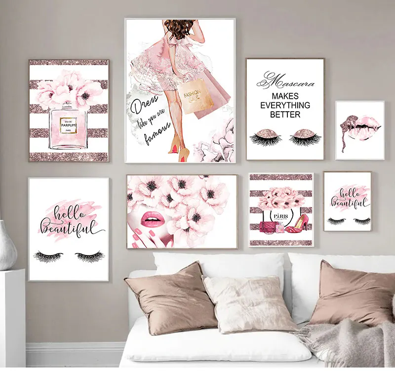 Pintura de pared, imagen moderna para habitación de niña, decoración del hogar, flor rosa, Perfume, póster de moda, pestañas, labios, maquillaje, lienzo impreso